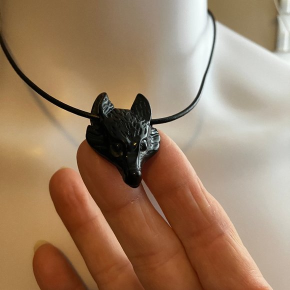 NEW Wolf Black Obsidian Gemstone hand carved Wolf Head Choker Genuine Leather - Picture 10 of 12